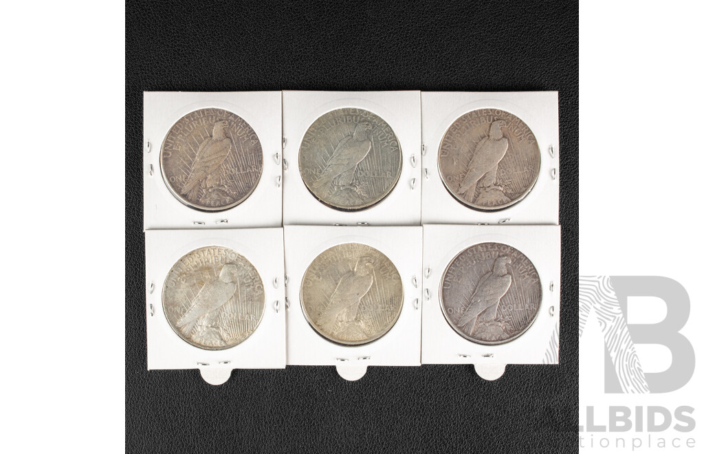 Six USA Silver Peace Dollars Including 1922P(2), 1922D(3), 1922S .900