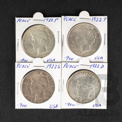 Four USA Silver Peace Dollars Including 1922P, 1922D, 1922S, 1923P .900