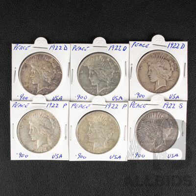 Six USA Silver Peace Dollars Including 1922P(2), 1922D(3), 1922S .900