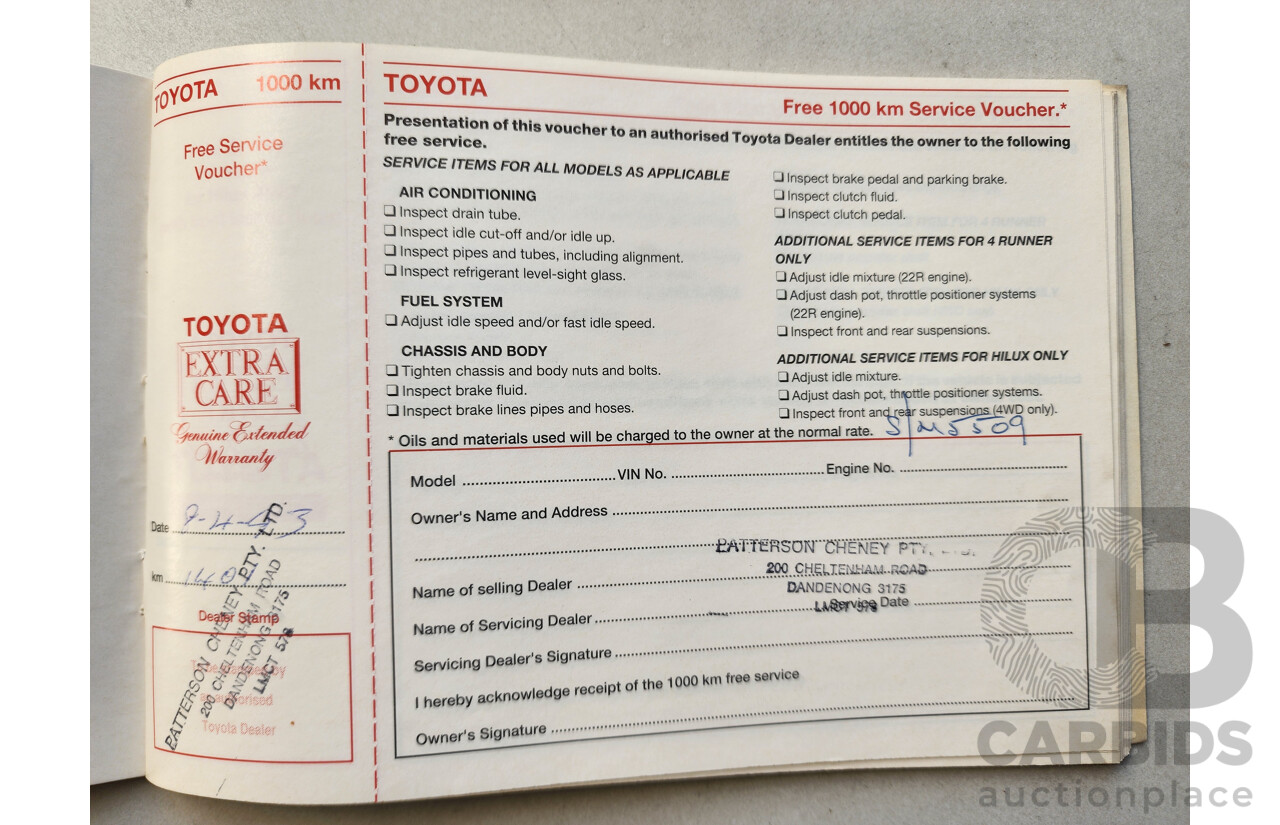 02/1993 Toyota Hilux  RN85R C/Chas White 2.4L