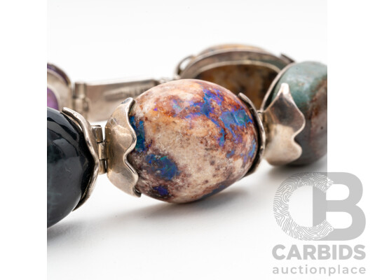 Sterling Silver & Large Multi Gemstone Bracelet, Opal, Amethyst, Gossular Garnet, Onyx by Eagle Mark, Taxco, Mexico C1960