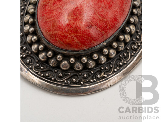Vintage 925 Sterling Silver & Red Coral Brooch/Pendant
