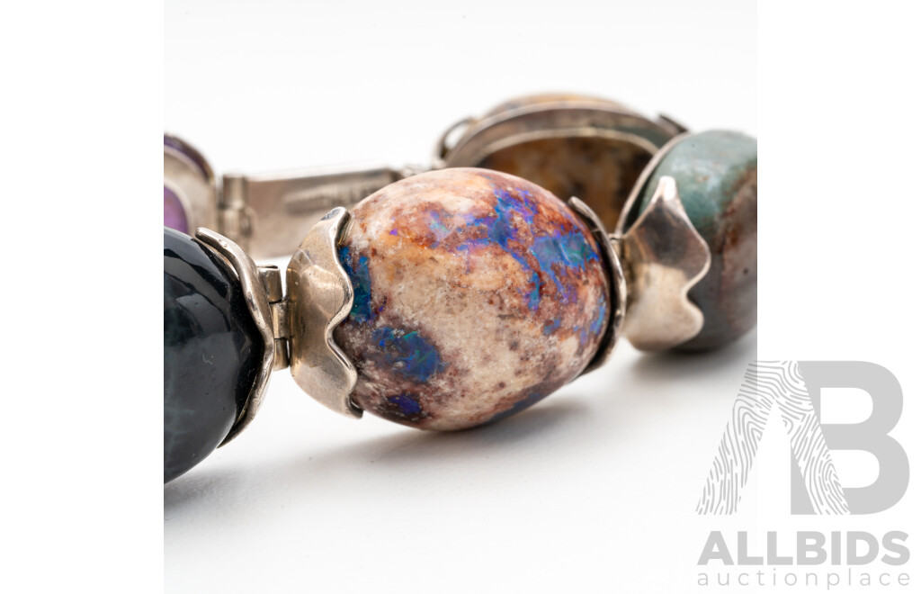 Sterling Silver & Large Multi Gemstone Bracelet, Opal, Amethyst, Gossular Garnet, Onyx by Eagle Mark, Taxco, Mexico C1960