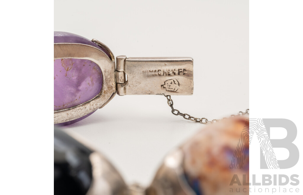 Sterling Silver & Large Multi Gemstone Bracelet, Opal, Amethyst, Gossular Garnet, Onyx by Eagle Mark, Taxco, Mexico C1960