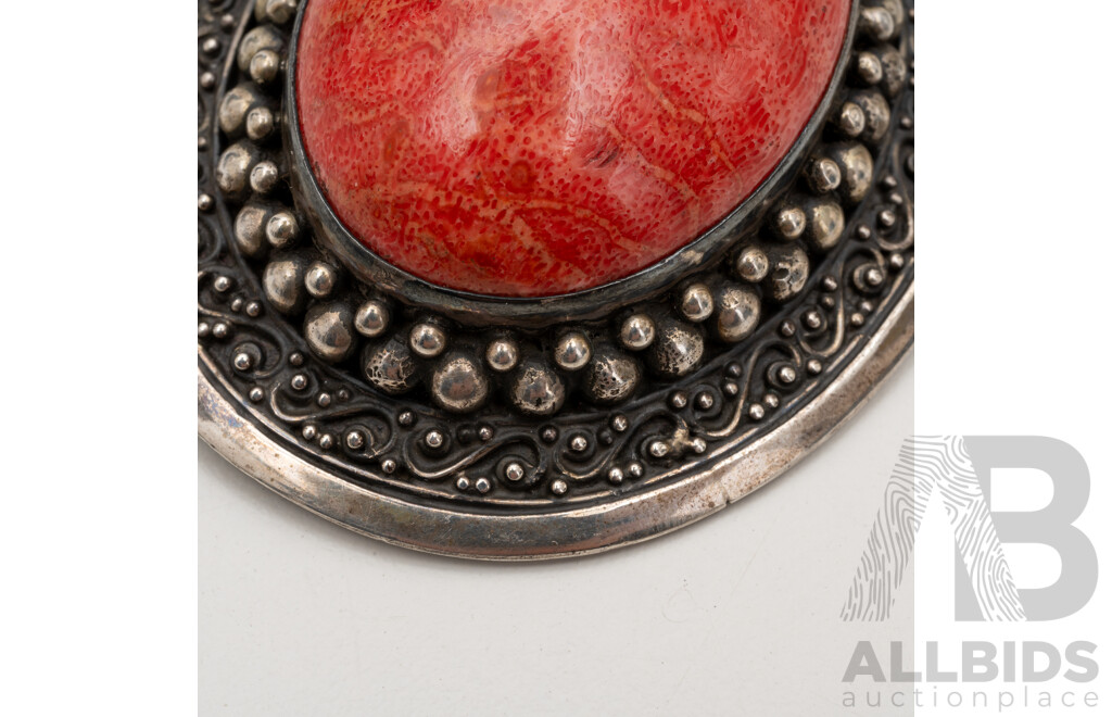 Vintage 925 Sterling Silver & Red Coral Brooch/Pendant