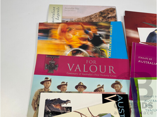Collection of Australian Mint Stamp Packs, Mostly 2000-2002 Including Motor Racing, Thailand Joint Issues, Magic Rain Forest, Sydney/Athens, Arts Festivals, for Valour, Antarctic Penguins and More - Face Value Approximately $130