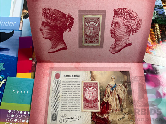 Forty Australian Mint Stamp Packs Including Colonial Heritage Five Dollars, Inventive Australia, Joint Issue, 50th Eureka Stockade Anniversary and More, Face Value Approximately $220