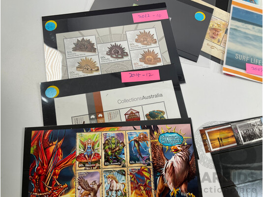 Collection of Australian Mint Stamp Mini Sheets and Sets Including 2014 Centenary of WW1, 2008 World Youth Day, 2001 Rock Posters, Art in Nature, Bush Ballads and More