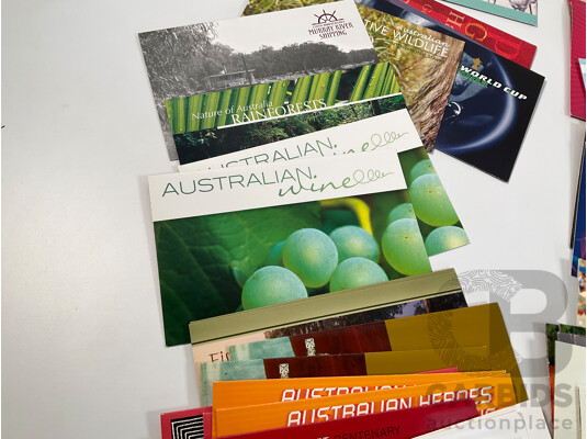 Sixty Seven Australian Stamp Packs Including Treasures From the Archives Five Dollar, Extreme Sports, Australian Impressions, Australia 50 Years of Television, Driving Through the Years, Many Doubles - Face Value Over $244