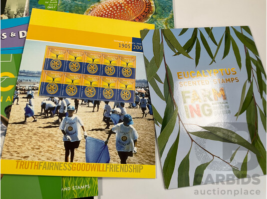 Collection of Australian Stamp Packs Including Soccer, Rock Posters, Joint Issues, 1954 Royal Jubilee Tour and More - Face Value Approximately $207