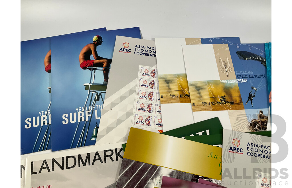 Twenty Eight Australian Mint Stamp Packs Including APEC, Year of the Surf Life Saver, Australian Special Air Service, Land Marks, Howzat!, Australian Legends and More Face Value Approximately $144