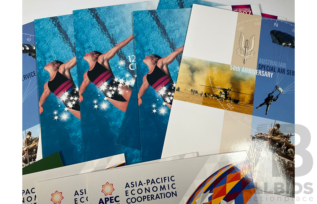 Twenty Eight Australian Mint Stamp Packs Including APEC, Year of the Surf Life Saver, Australian Special Air Service, Land Marks, Howzat!, Australian Legends and More Face Value Approximately $144