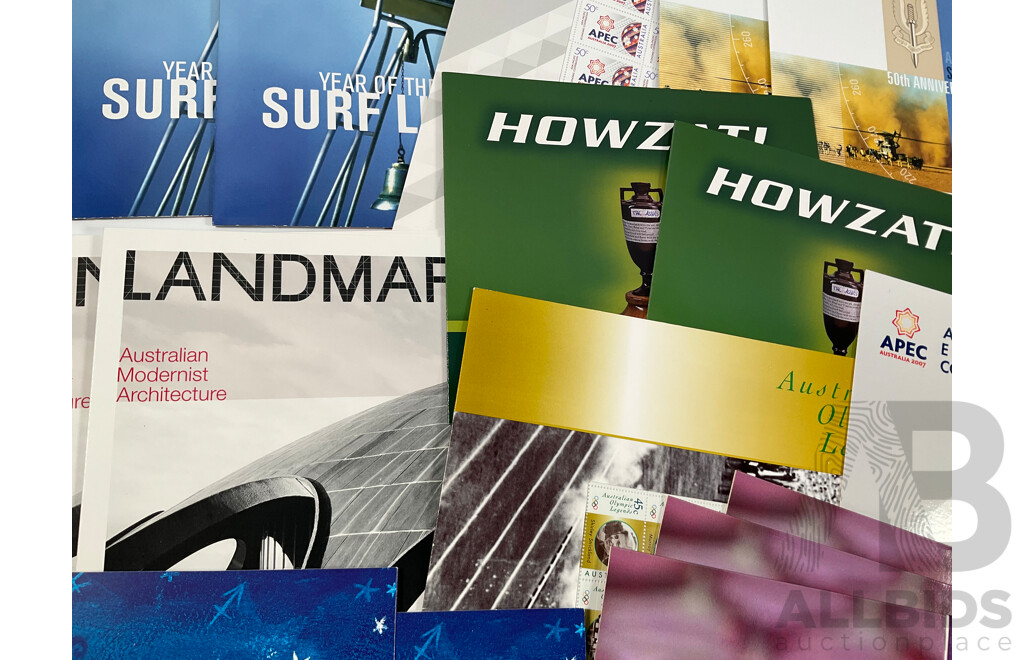 Twenty Eight Australian Mint Stamp Packs Including APEC, Year of the Surf Life Saver, Australian Special Air Service, Land Marks, Howzat!, Australian Legends and More Face Value Approximately $144