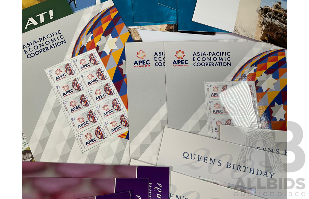 Twenty Eight Australian Mint Stamp Packs Including APEC, Year of the Surf Life Saver, Australian Special Air Service, Land Marks, Howzat!, Australian Legends and More Face Value Approximately $144