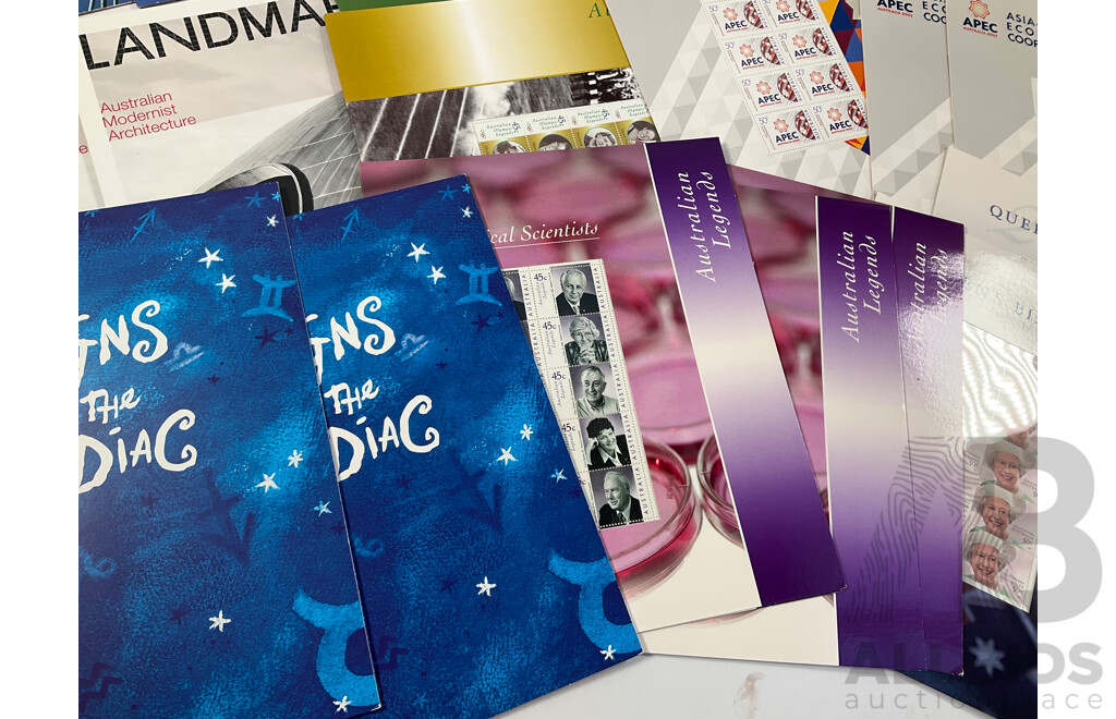 Twenty Eight Australian Mint Stamp Packs Including APEC, Year of the Surf Life Saver, Australian Special Air Service, Land Marks, Howzat!, Australian Legends and More Face Value Approximately $144