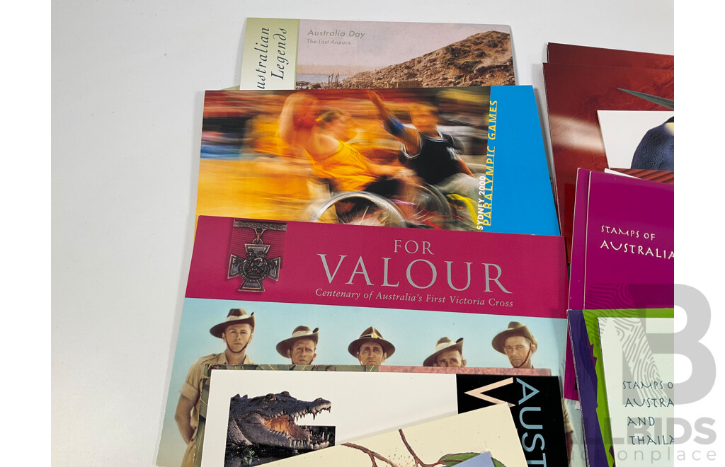 Collection of Australian Mint Stamp Packs, Mostly 2000-2002 Including Motor Racing, Thailand Joint Issues, Magic Rain Forest, Sydney/Athens, Arts Festivals, for Valour, Antarctic Penguins and More - Face Value Approximately $130