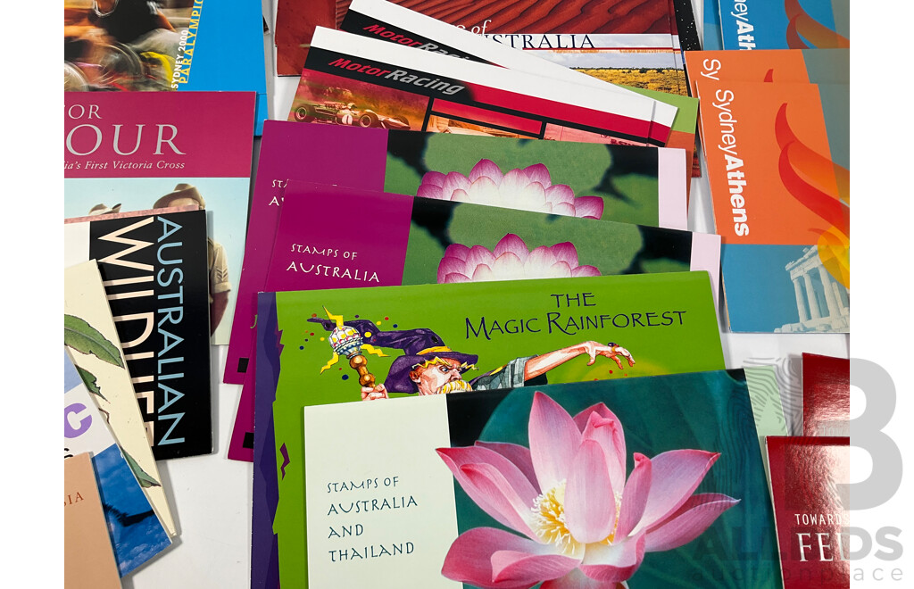 Collection of Australian Mint Stamp Packs, Mostly 2000-2002 Including Motor Racing, Thailand Joint Issues, Magic Rain Forest, Sydney/Athens, Arts Festivals, for Valour, Antarctic Penguins and More    - Face Value Approximately $130
