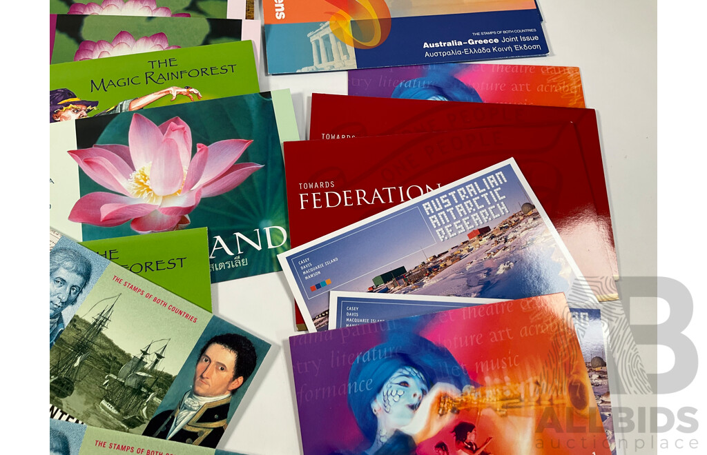 Collection of Australian Mint Stamp Packs, Mostly 2000-2002 Including Motor Racing, Thailand Joint Issues, Magic Rain Forest, Sydney/Athens, Arts Festivals, for Valour, Antarctic Penguins and More    - Face Value Approximately $130