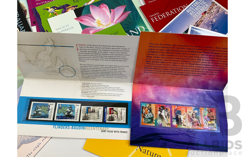 Collection of Australian Mint Stamp Packs, Mostly 2000-2002 Including Motor Racing, Thailand Joint Issues, Magic Rain Forest, Sydney/Athens, Arts Festivals, for Valour, Antarctic Penguins and More    - Face Value Approximately $130