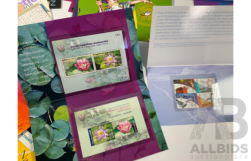 Collection of Australian Mint Stamp Packs, Mostly 2000-2002 Including Motor Racing, Thailand Joint Issues, Magic Rain Forest, Sydney/Athens, Arts Festivals, for Valour, Antarctic Penguins and More    - Face Value Approximately $130