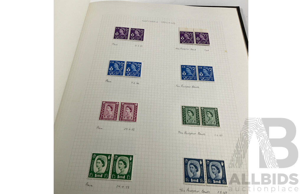 Album of United Kingdom, Jersey, Scotland, Isle of Man, Guernsey, Wales Mint Hinged Stamps and Blocks, QE2, Sets