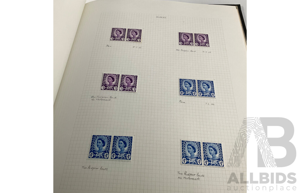 Album of United Kingdom, Jersey, Scotland, Isle of Man, Guernsey, Wales Mint Hinged Stamps and Blocks, QE2, Sets