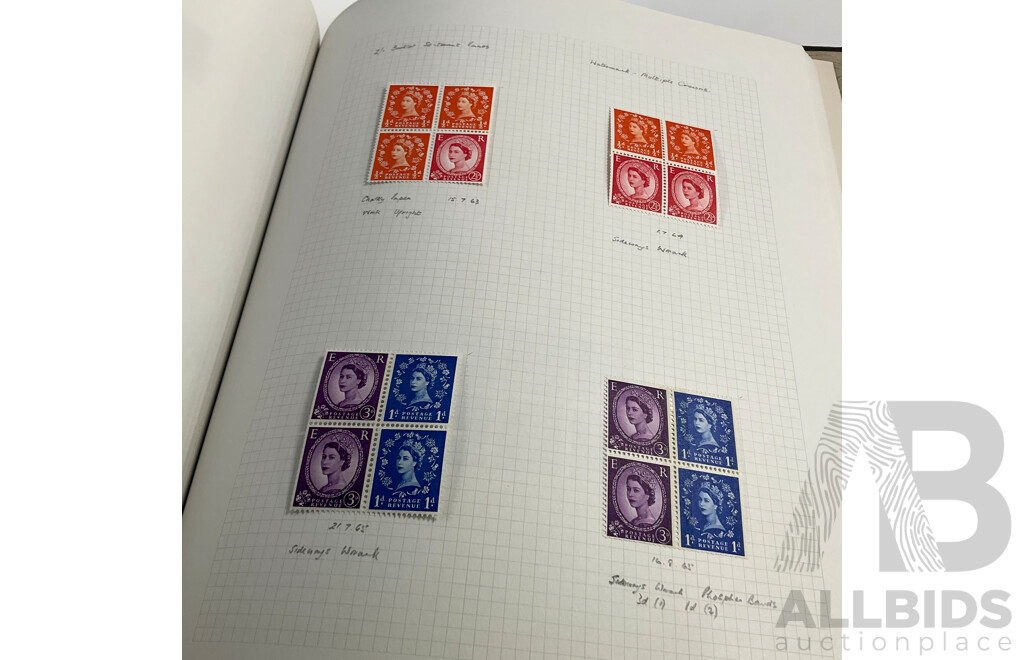Album of United Kingdom, Jersey, Scotland, Isle of Man, Guernsey, Wales Mint Hinged Stamps and Blocks, QE2, Sets