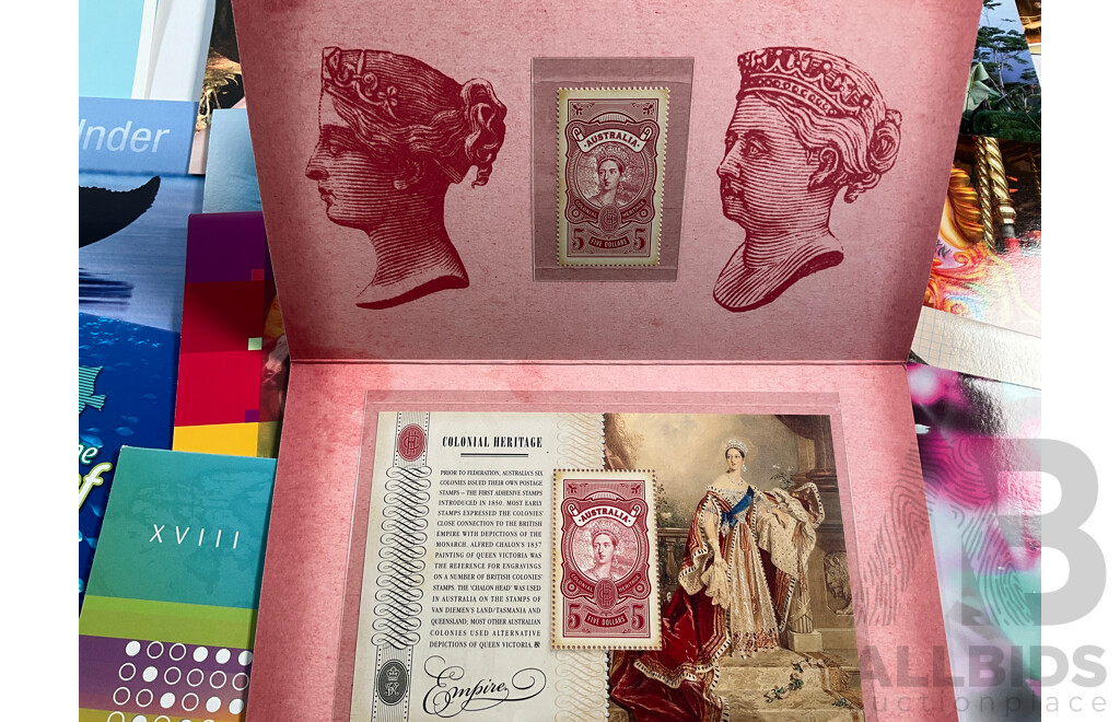 Forty Australian Mint Stamp Packs Including Colonial Heritage Five Dollars, Inventive Australia, Joint Issue, 50th Eureka Stockade Anniversary and More, Face Value Approximately $220