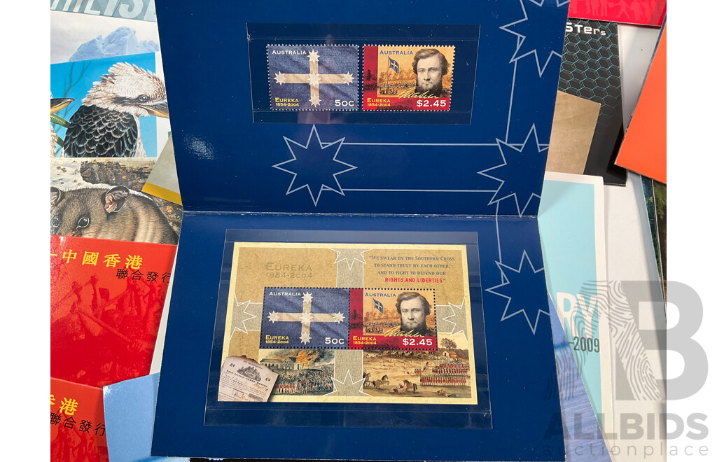Forty Australian Mint Stamp Packs Including Colonial Heritage Five Dollars, Inventive Australia, Joint Issue, 50th Eureka Stockade Anniversary and More, Face Value Approximately $220