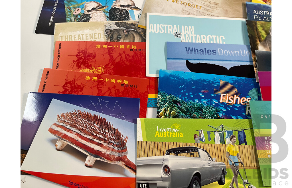 Forty Australian Mint Stamp Packs Including Colonial Heritage Five Dollars, Inventive Australia, Joint Issue, 50th Eureka Stockade Anniversary and More, Face Value Approximately $220