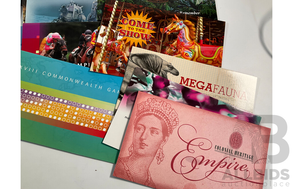 Forty Australian Mint Stamp Packs Including Colonial Heritage Five Dollars, Inventive Australia, Joint Issue, 50th Eureka Stockade Anniversary and More, Face Value Approximately $220