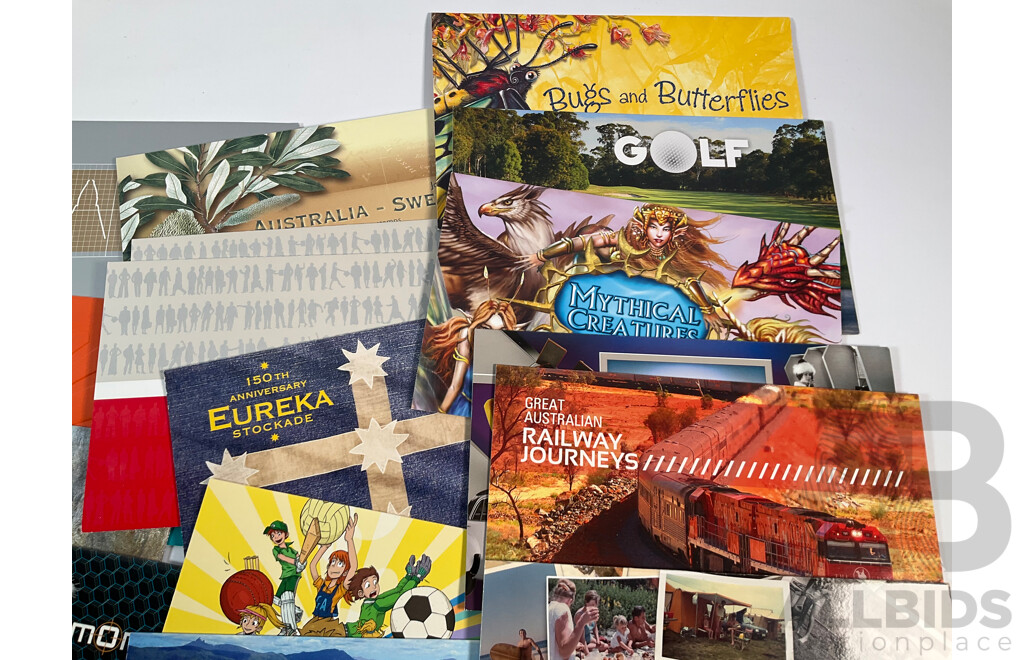Forty Australian Mint Stamp Packs Including Colonial Heritage Five Dollars, Inventive Australia, Joint Issue, 50th Eureka Stockade Anniversary and More, Face Value Approximately $220