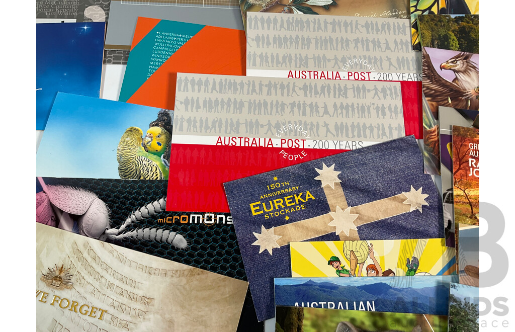 Forty Australian Mint Stamp Packs Including Colonial Heritage Five Dollars, Inventive Australia, Joint Issue, 50th Eureka Stockade Anniversary and More, Face Value Approximately $220