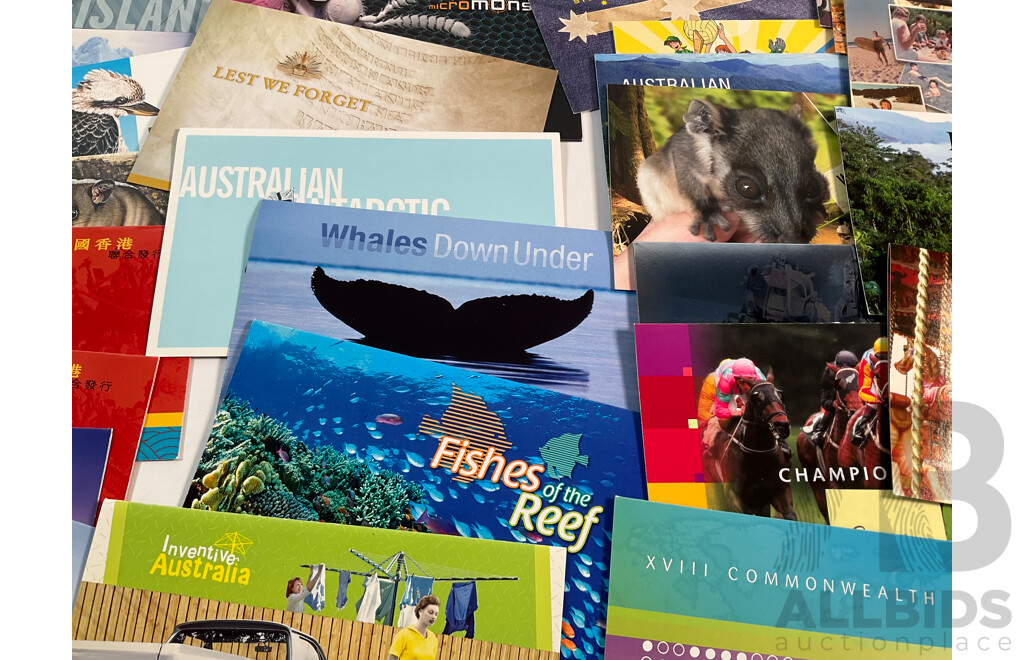 Forty Australian Mint Stamp Packs Including Colonial Heritage Five Dollars, Inventive Australia, Joint Issue, 50th Eureka Stockade Anniversary and More, Face Value Approximately $220