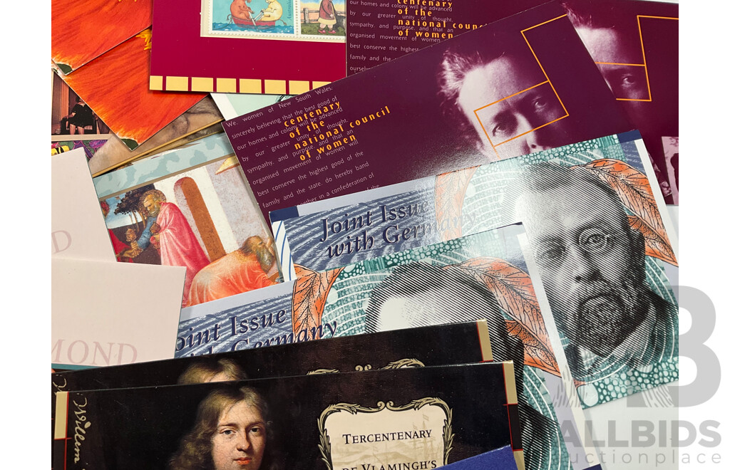 Collection of Australian Stamp Packs Spanning 1994 to 1996 Including Joint Issues, Pets, Australian Wildlife, Australia Remembers 1945, Thinking of You, World Heritage, Pearl Diamond, Opal and More - Face Value Over $200