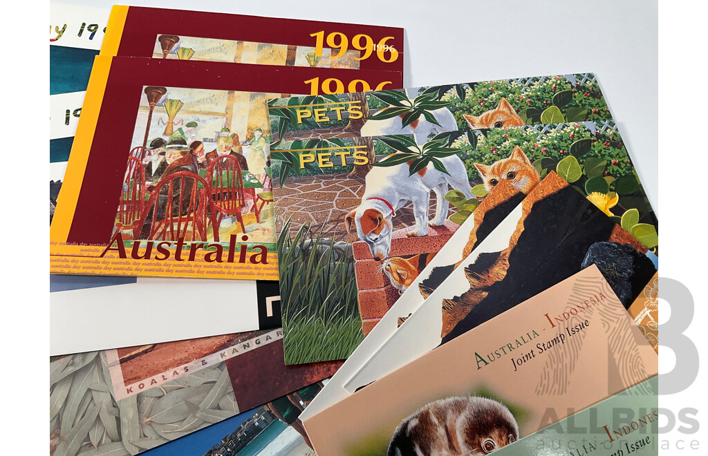 Collection of Australian Stamp Packs Spanning 1994 to 1996 Including Joint Issues, Pets, Australian Wildlife, Australia Remembers 1945, Thinking of You, World Heritage, Pearl Diamond, Opal and More - Face Value Over $200