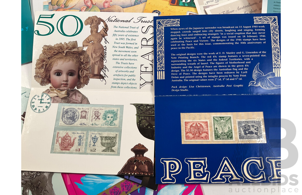 Collection of Australian Stamp Packs Spanning 1994 to 1996 Including Joint Issues, Pets, Australian Wildlife, Australia Remembers 1945, Thinking of You, World Heritage, Pearl Diamond, Opal and More - Face Value Over $200