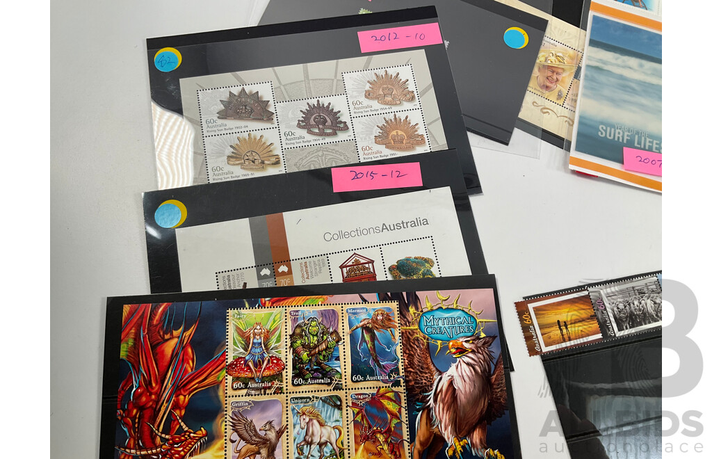 Collection of Australian Mint Stamp Mini Sheets and Sets Including 2014 Centenary of WW1, 2008 World Youth Day, 2001 Rock Posters, Art in Nature, Bush Ballads and More