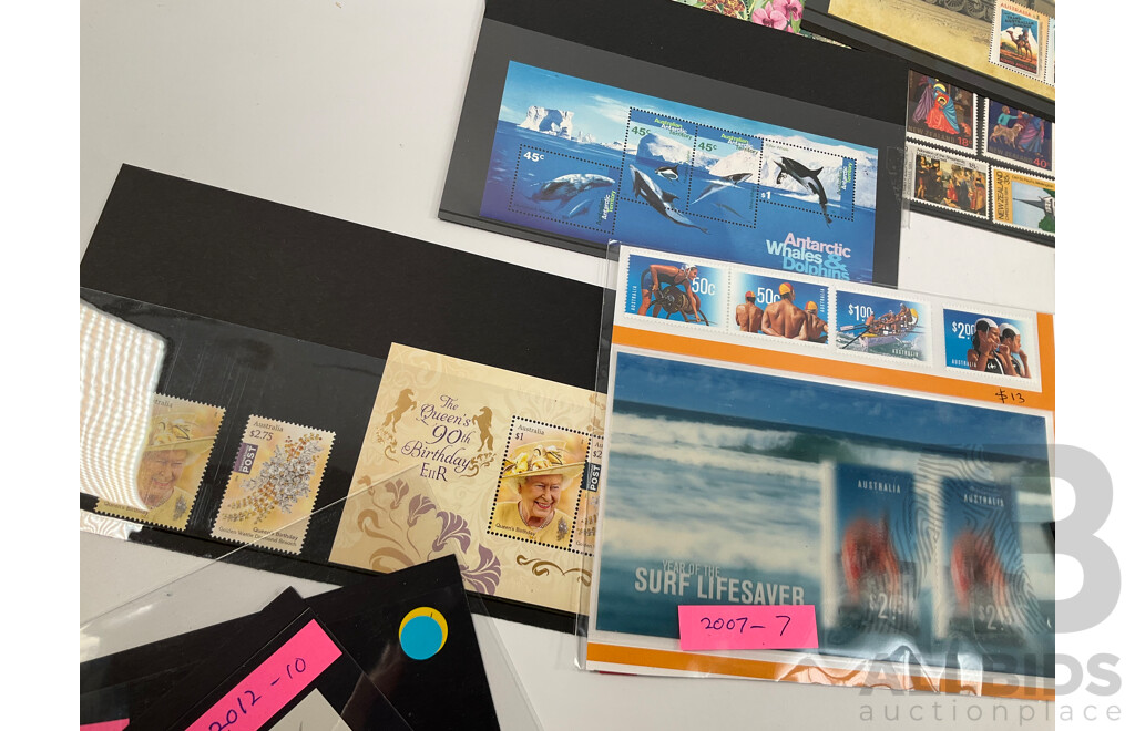 Collection of Australian Mint Stamp Mini Sheets and Sets Including 2014 Centenary of WW1, 2008 World Youth Day, 2001 Rock Posters, Art in Nature, Bush Ballads and More