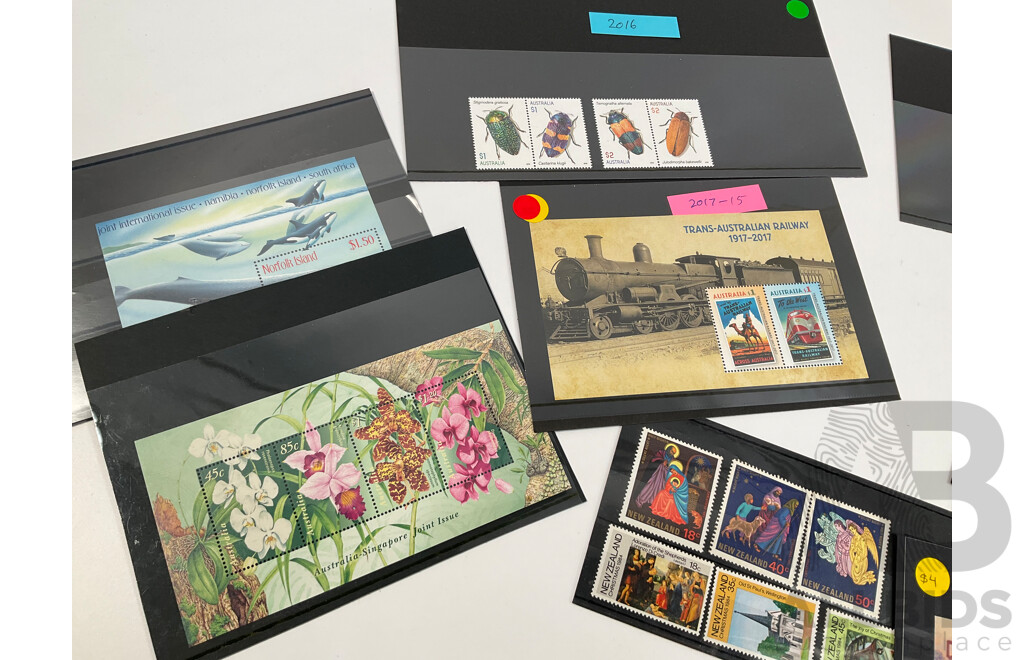Collection of Australian Mint Stamp Mini Sheets and Sets Including 2014 Centenary of WW1, 2008 World Youth Day, 2001 Rock Posters, Art in Nature, Bush Ballads and More