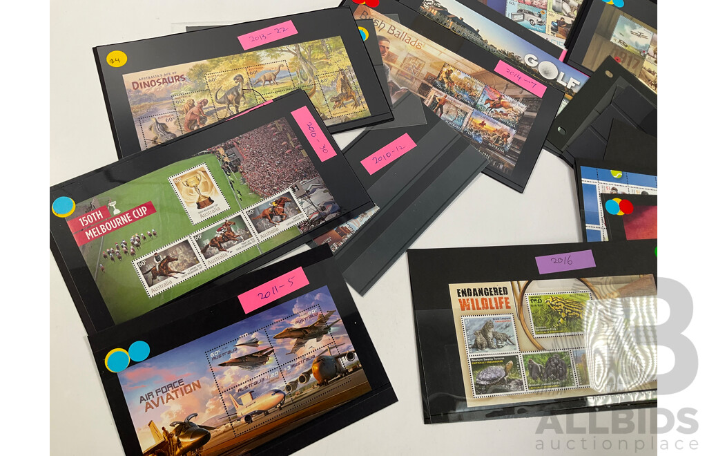 Collection of Australian Mint Stamp Mini Sheets and Sets Including 2014 Centenary of WW1, 2008 World Youth Day, 2001 Rock Posters, Art in Nature, Bush Ballads and More