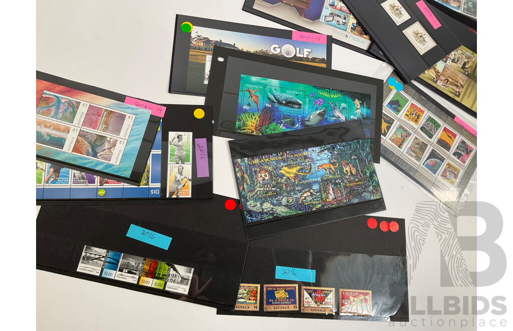 Collection of Australian Mint Stamp Mini Sheets and Sets Including 2014 Centenary of WW1, 2008 World Youth Day, 2001 Rock Posters, Art in Nature, Bush Ballads and More