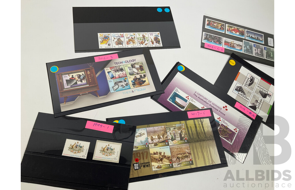 Collection of Australian Mint Stamp Mini Sheets and Sets Including 2014 Centenary of WW1, 2008 World Youth Day, 2001 Rock Posters, Art in Nature, Bush Ballads and More