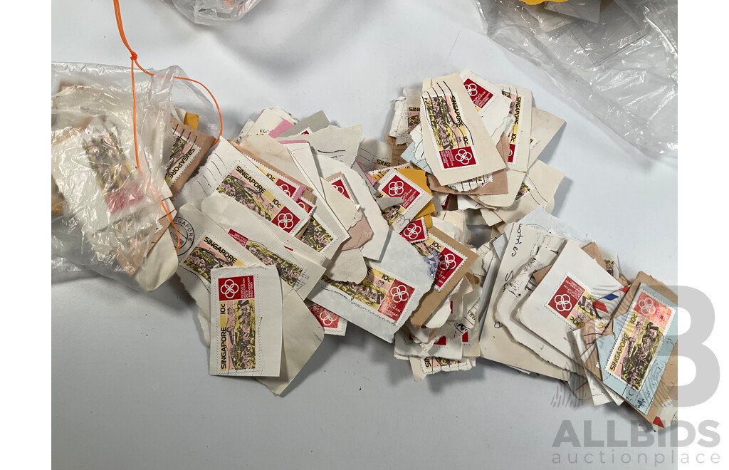 Collection of Vintage Cancelled International Stamps Including Singapore, Bangladesh, Australia, Malaysia, Hong Kong, USA and More - Approximately 1.3 Kilograms