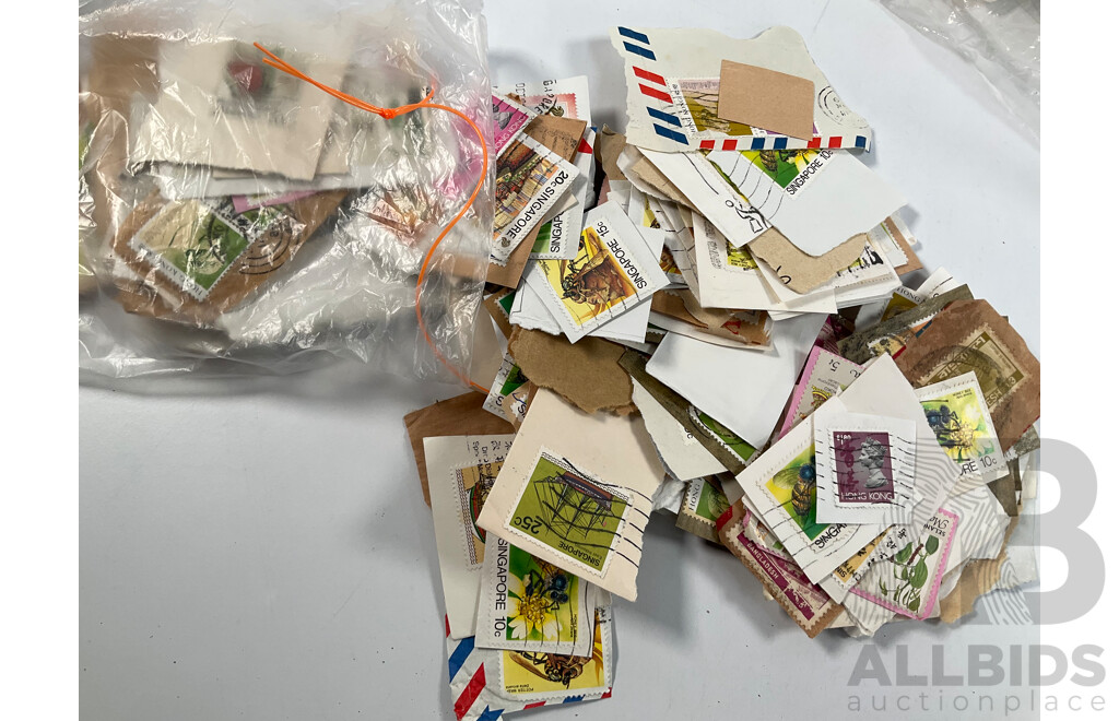 Collection of Vintage Cancelled International Stamps Including Singapore, Bangladesh, Australia, Malaysia, Hong Kong, USA and More - Approximately 1.3 Kilograms