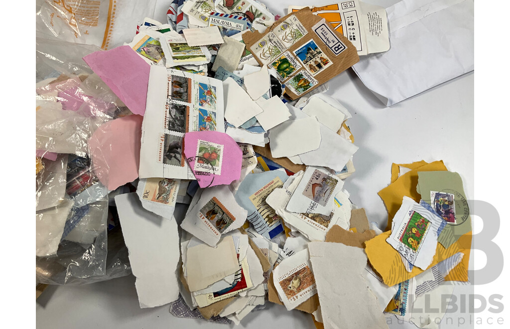 Collection of Vintage Cancelled International Stamps Including Singapore, Bangladesh, Australia, Malaysia, Hong Kong, USA and More - Approximately 1.3 Kilograms