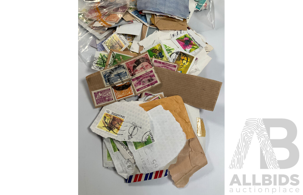 Collection of Vintage Cancelled International Stamps Including Singapore, Bangladesh, Australia, Malaysia, Hong Kong, USA and More - Approximately 1.3 Kilograms