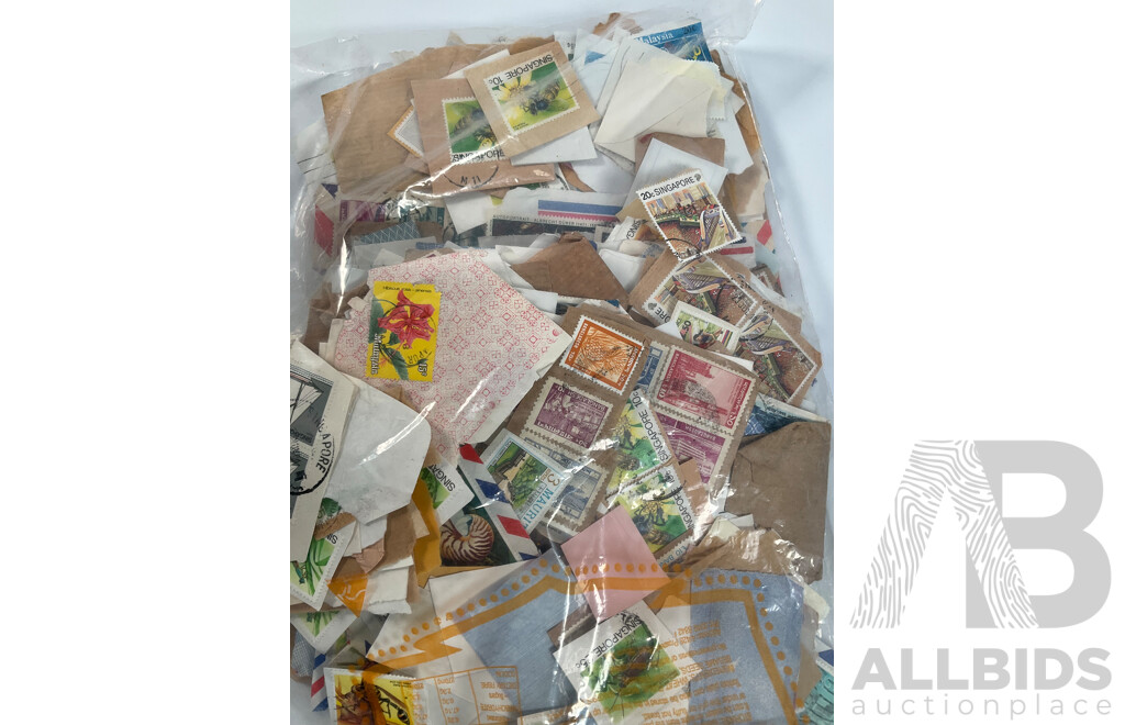 Collection of Vintage Cancelled International Stamps Including Singapore, Bangladesh, Australia, Malaysia, Hong Kong, USA and More - Approximately 1.3 Kilograms