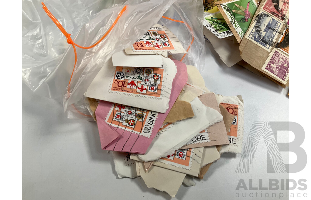 Collection of Vintage Cancelled International Stamps Including Singapore, Bangladesh, Australia, Malaysia, Hong Kong, USA and More - Approximately 1.3 Kilograms