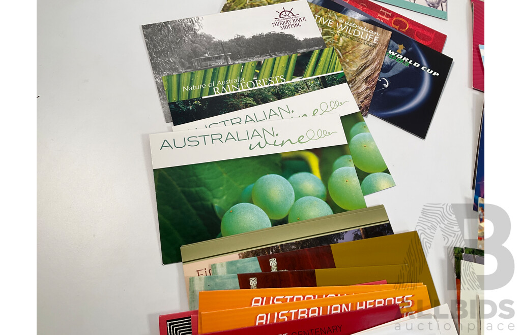Sixty Seven Australian Stamp Packs Including Treasures From the Archives Five Dollar, Extreme Sports, Australian Impressions, Australia 50 Years of Television, Driving Through the Years, Many Doubles - Face Value Over $244